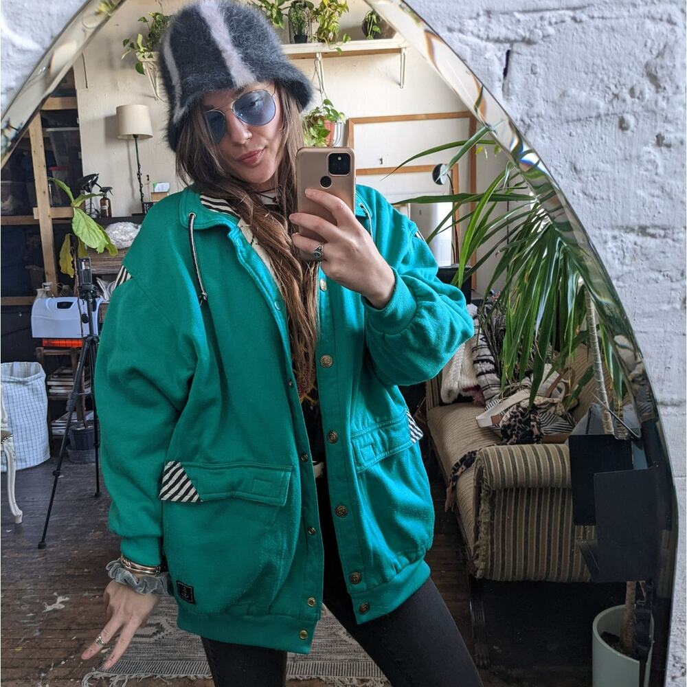 Vintage Oversize Sweater Jacket Reversible Green Sweat Jacket Fleece Coat Large - Picture 3 of 10